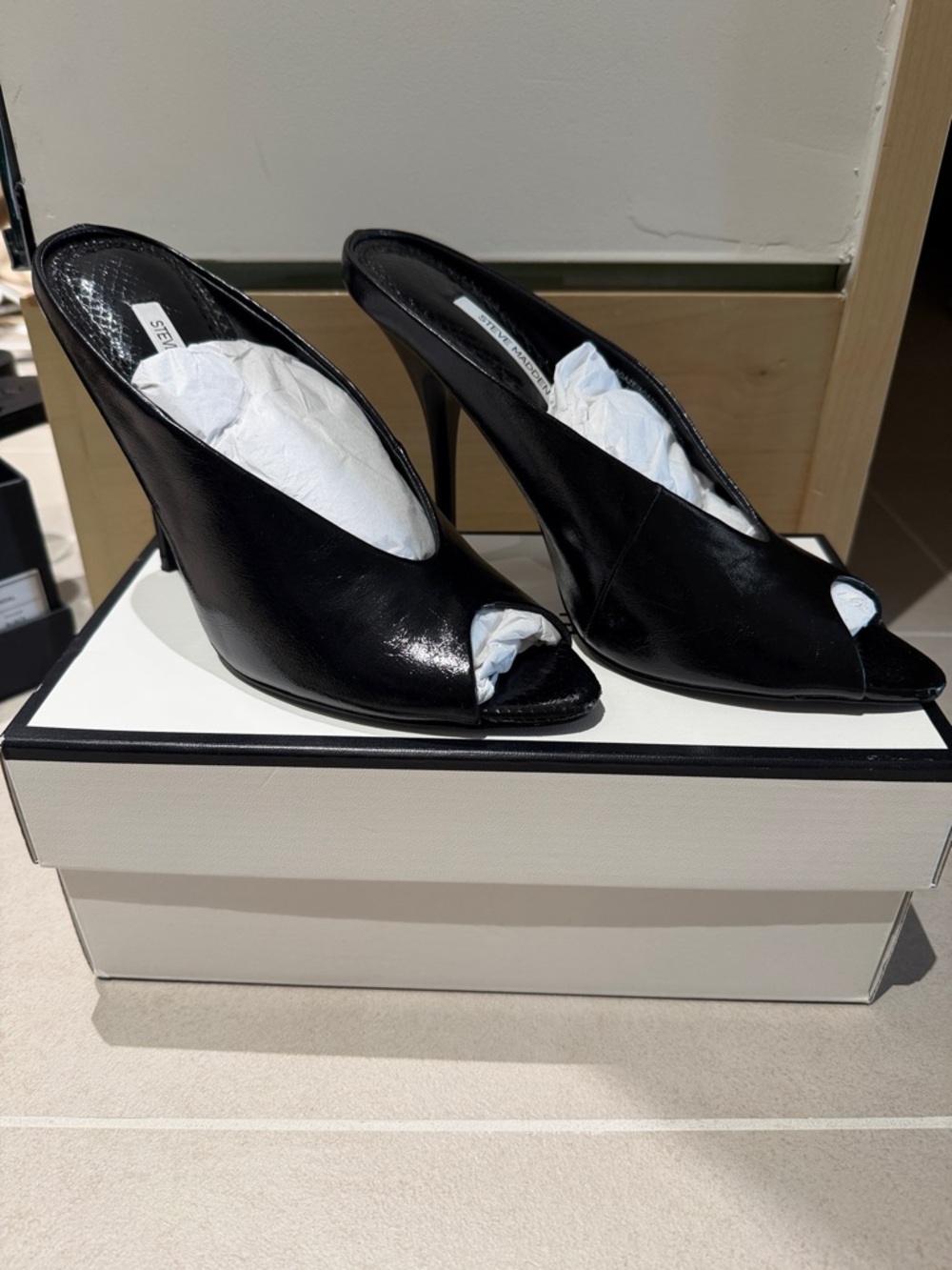 Steve Madden Black Leather Peep-Toe Stiletto Mules